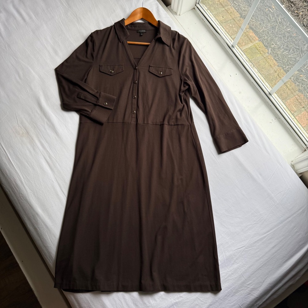 Talbots Womens Brown Knit Shirt Dress Long Sleeve Button Front Pockets Size L